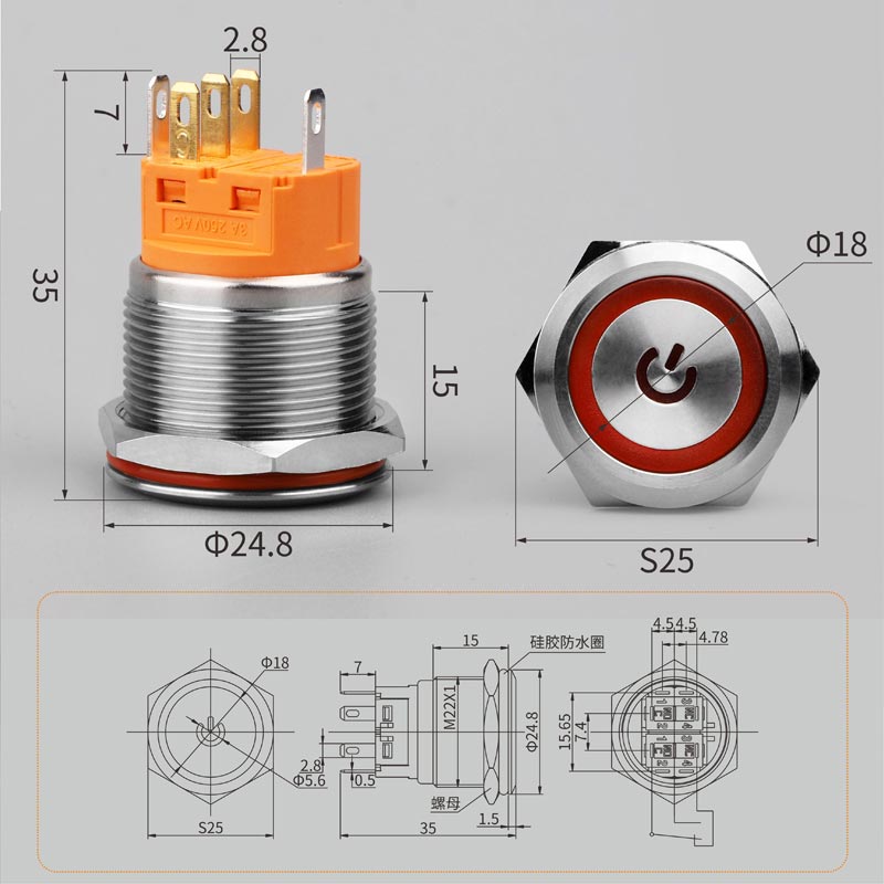 LB22A（22mm金屬按鈕開關(guān)，自復(fù)式自鎖式可選，防水/防塵，多種發(fā)光類型/顏色/電壓可選）